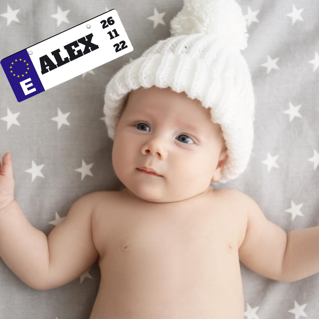 Personalised Registration Plate with Name and Date in MDF Wood 3 mm 18 x 6.5 cm | Stroller Sign | Poster Crib