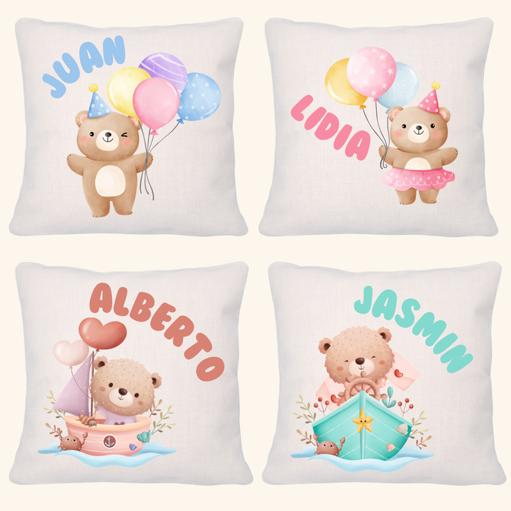 Funda + Relleno Cojín Simil Lino Personalizado para Bebé 20x20 cm – Diseño Exclusivo 4 modelos a elegir