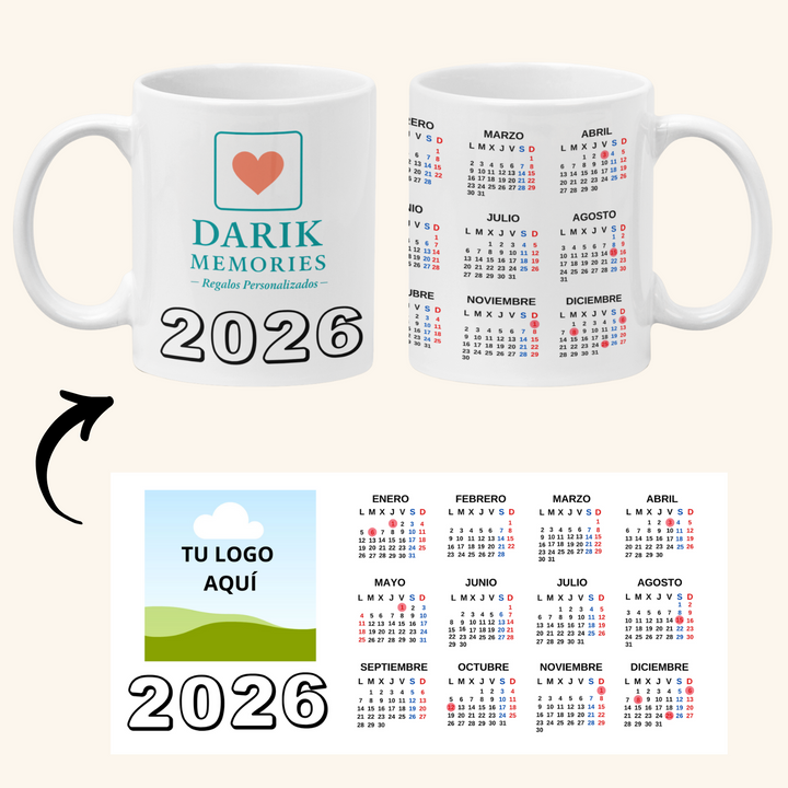 Taza personalizada con calendario 2026 y logo de empresa
