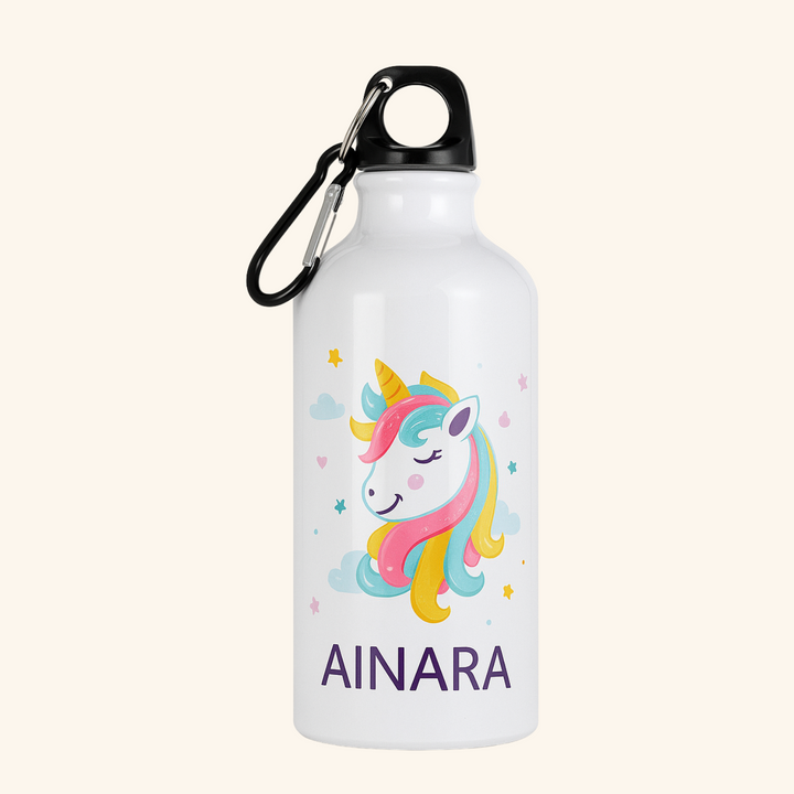 Botella de Aluminio Personalizada con imagen y nombre 400 ml con Mosquetón