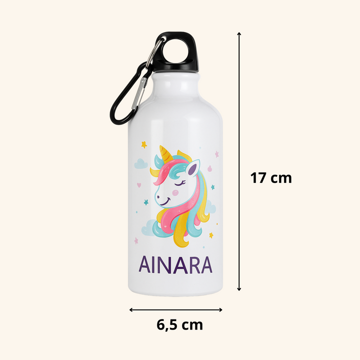 Botella de Aluminio Personalizada con imagen y nombre 400 ml con Mosquetón