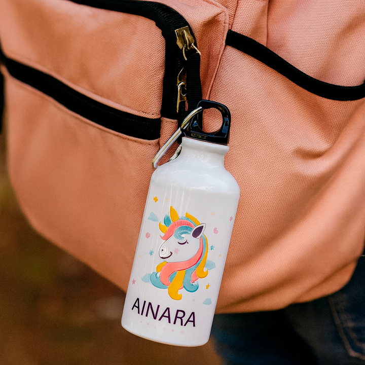 Botella de Aluminio Personalizada con imagen y nombre 400 ml con Mosquetón