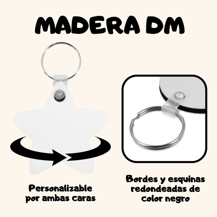 Llavero estrella en madera brillante personalizado a doble cara