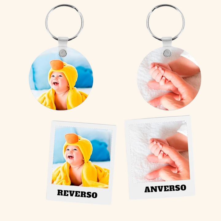 Llavero redondo en madera brillante personalizado a doble cara